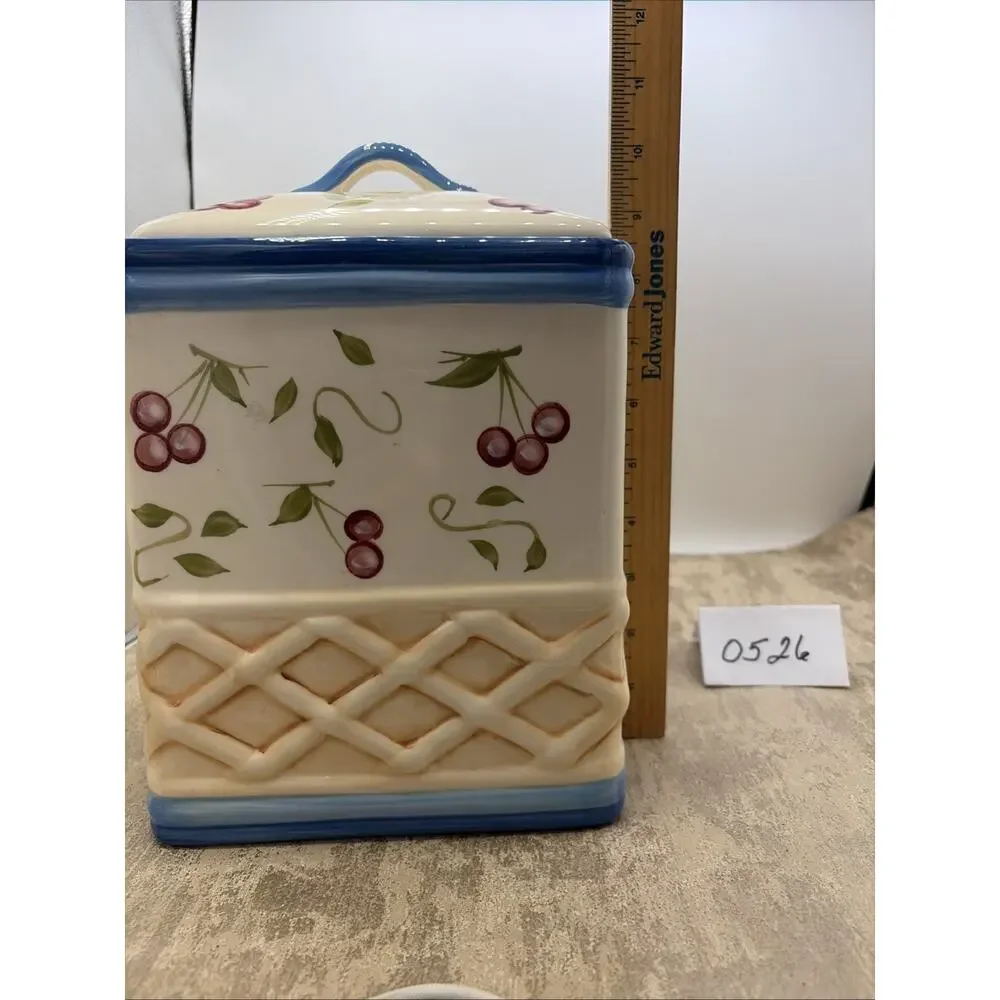 Large Inspirado Square Hand Painted BISCOTTI COOKIE JAR Cherry Basket Weave